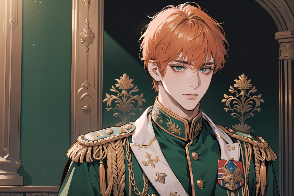 1 man, ((orange short curly hair)), (freckle), green eyes, handsome, angular jaw, thick neck, shy, royal, prince, upper body, male focus, (((simple military uniform:1.3))), long sleeve, by Raphael, masterpiece, upper body shot, magnificent indoor hall