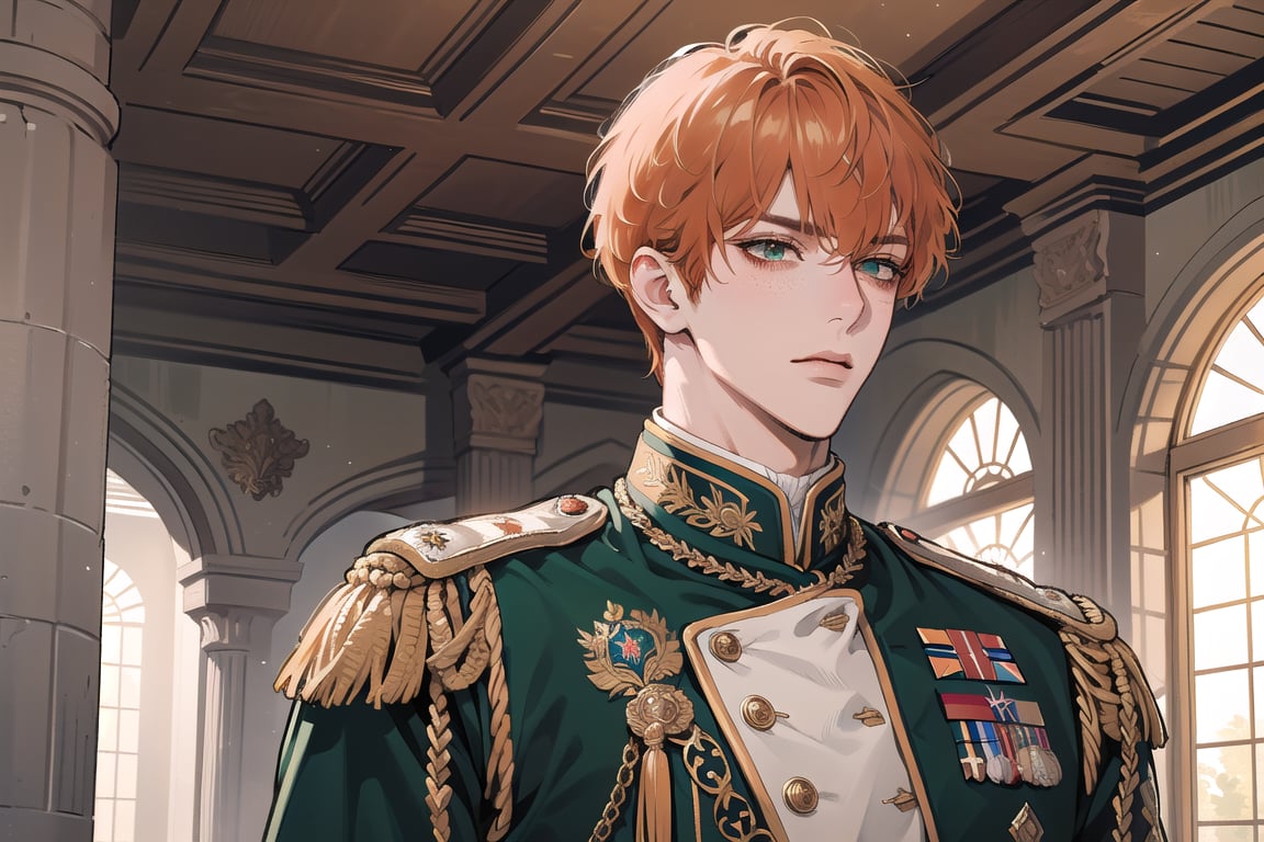 1 man, ((orange short curly hair)), (freckle), green eyes, handsome, angular jaw, thick neck, serious, royal, prince, upper body, male focus, (((siple military uniform:1.3))), long sleeve, by Raphael, masterpiece, upper body shot, magnificent indoor hall