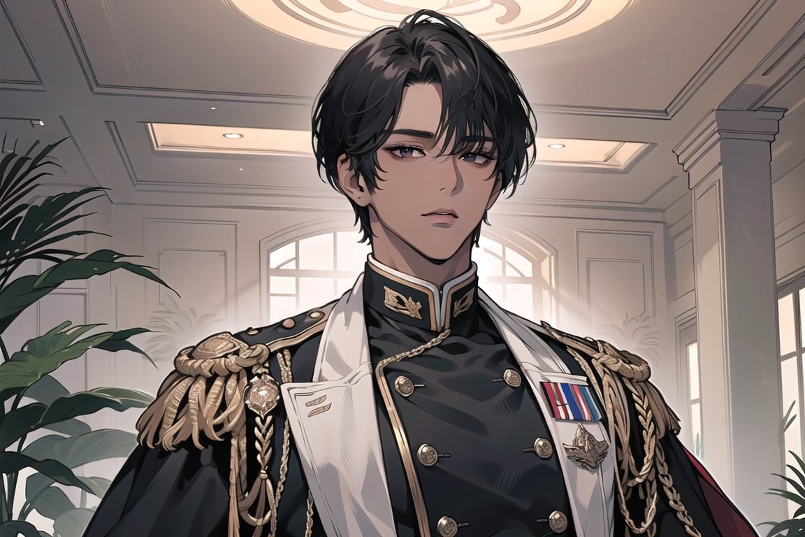 1 man, solo, ((black very short hair)), (((dark skin:1.5))), (((center-parting bangs:1.5))), black eyes, mature, ((thin:1.5)), (((slim figure:1.5))), (((narrow shoulders:1.5))), handsome, angular jaw, thick neck, military, soldier, army, (military uniform:1.3), long sleeve, by Raphael, masterpiece, upper body shot, magnificent indoor hall