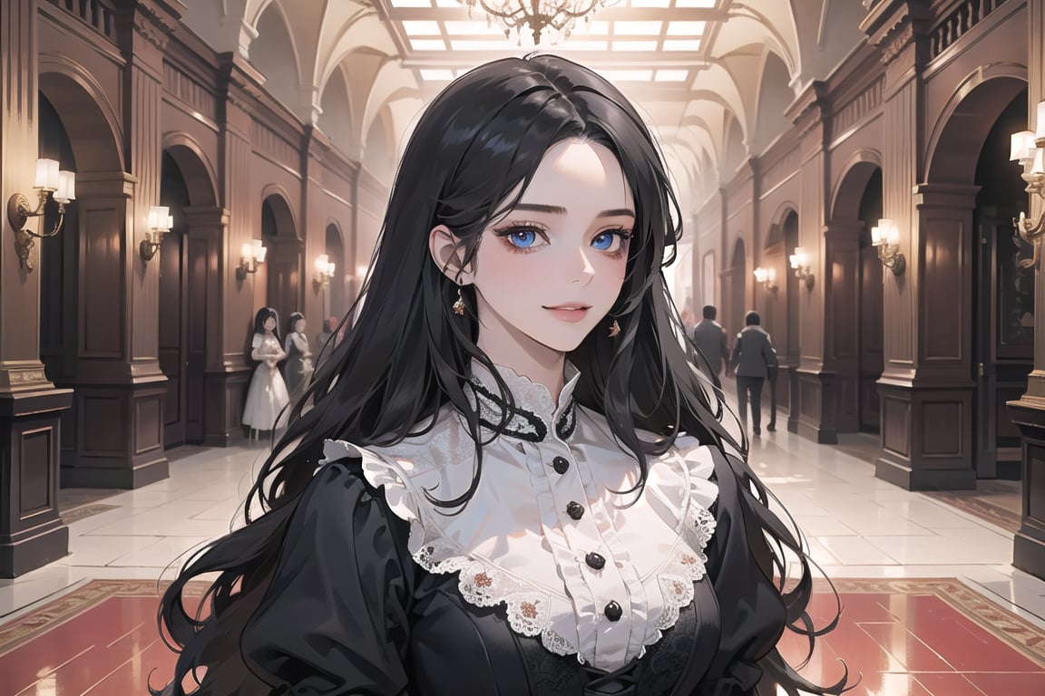 1 teen girl, solo, ((Black hair)), center parthair, straight long hair, blue eyes, evil smile, Red Bows, wearing a ((black Romanticism dress)), long sleeve, black lace, by Raphael, masterpiece, upper body shot, magnificent indoor hall