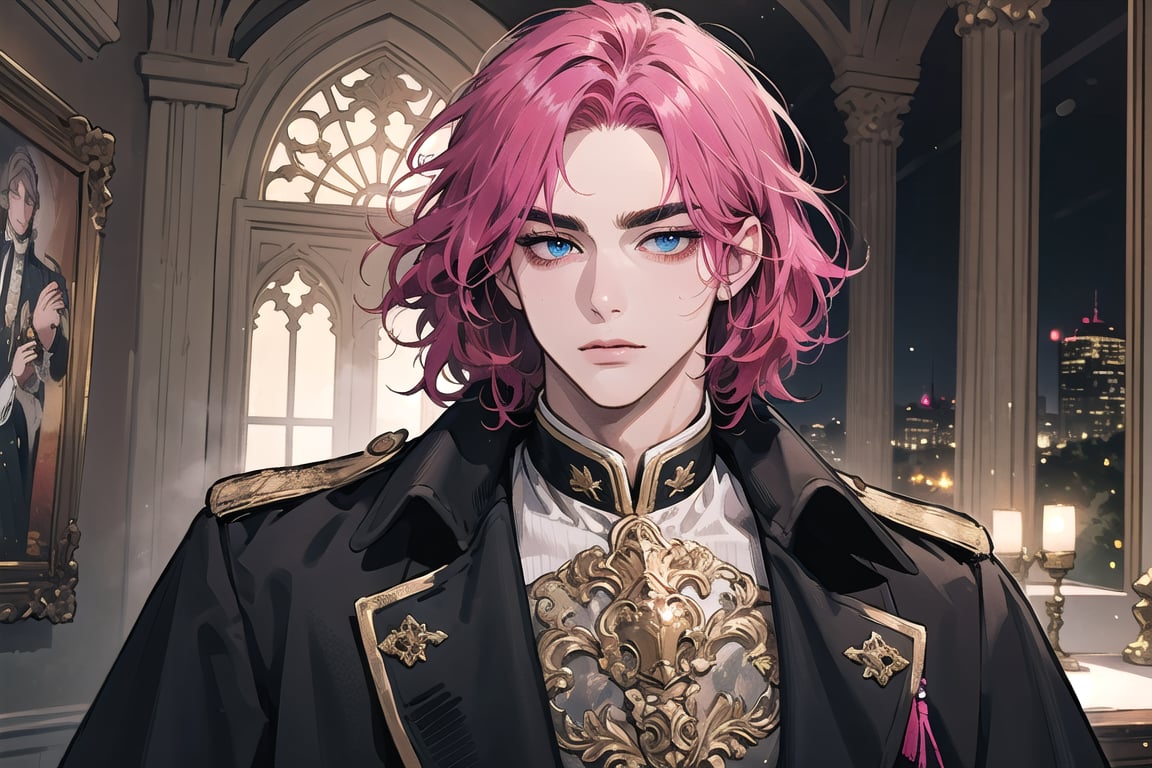 1man, mature, (((Fuchsia hair))), ((thick eyebrows)), ((Medium score)), To reveal the forehead, ((Split head)), ((messy hair)), ((wavy curly hair)), short hair, blue eyes, mature, handsome, angular jaw, thick neck, serious, ready for battle, jacket, upper body, male focus, uniform, (Frock Coat:1.3), long sleeve, by Raphael, masterpiece, upper body shot, magnificent indoor hall
