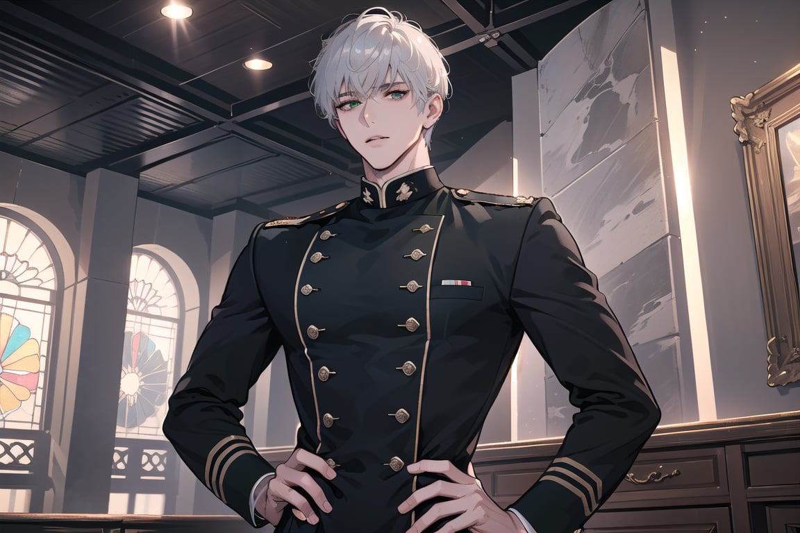 1 man, solo, ((white short hair)), green eyes, mature, ((thin:1.5)),(((slim figure:1.5))), (((narrow shoulders:1.5))), side-parting bangs, handsome, angular jaw, thick neck, military, soldier, army, (Double-breasted Suit:1.1), long sleeve, by Raphael, masterpiece, upper body shot, magnificent indoor hall