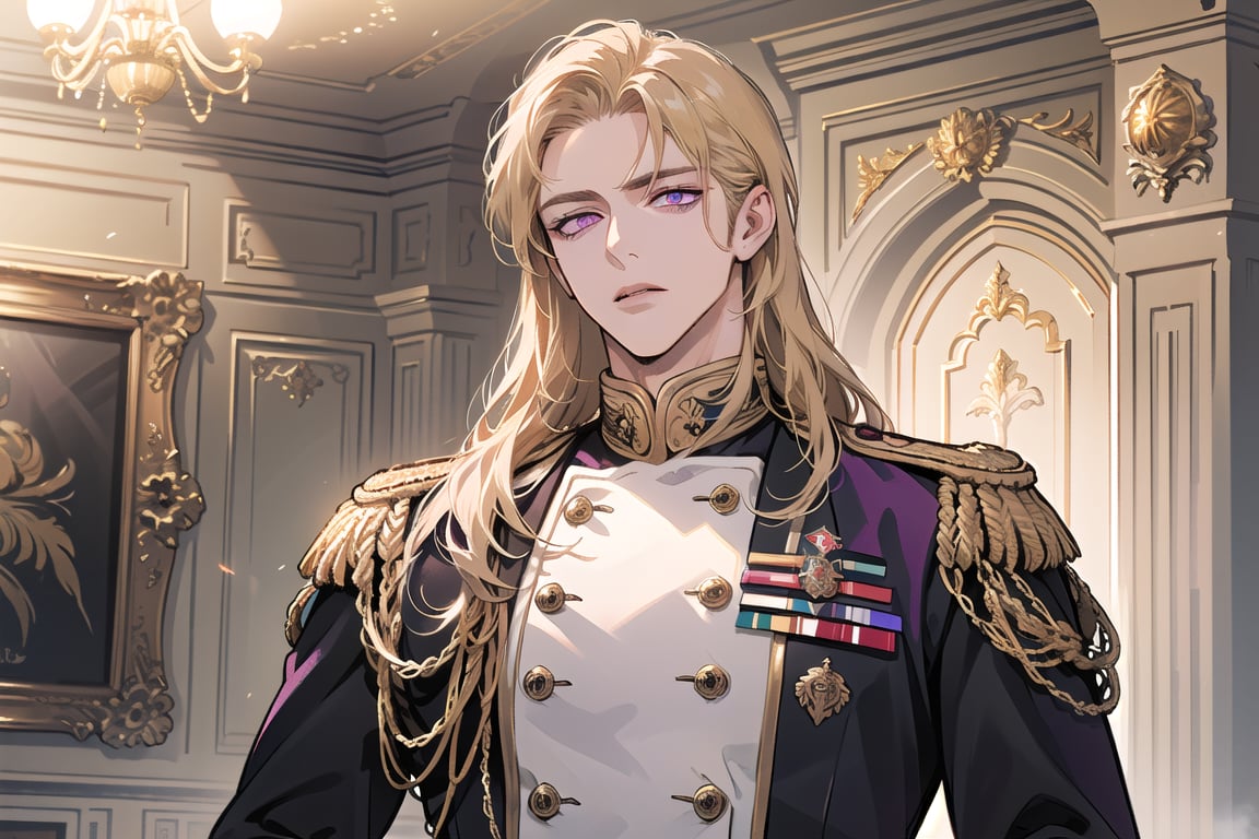 1man, mature, ((Goldenrod hair)), ((long coli hair)), (((half-down))), ((purple eyes)), mature, ((Medium score)), To reveal the forehead, handsome, angular jaw, thick neck, serious, ready for battle, royal, prince, upper body, male focus, (milatary uniform:1.3), long sleeve, by Raphael, masterpiece, upper body shot, magnificent indoor hall