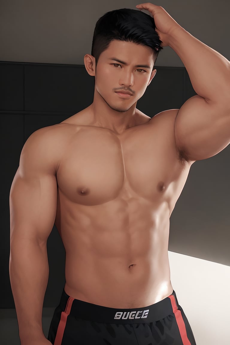 Masterpiece, realistic, cinematic, intricate details, high detail, handsome, a dramatic photo of a syahnk as Manly  muscular male, mature man, model, men's underwear, big brother!, looking at viewer seductively, arms raised, hairy armpits, High contrast, minimalist,  stark, dramatic, film grain, kodak, queer, ,,Male focus,HANDSOME MAN,MACHO MAN,jaeggernawt,handsome men,Muscle,muscular,Details++,photorealistic,MenErotic02,bodybuilder,brutalmass,buakaw banchamek