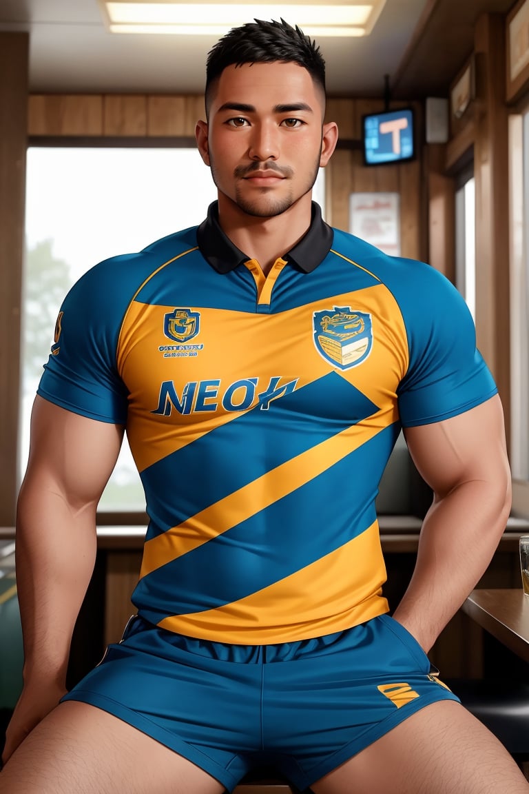 syahnk as  muscular Ryder, a rugged individual with  facial hair and short hair, sits proudly at the pub, surrounded by the warm glow of golden lighting. His rugby shirt and shorts are perfectly rendered in exquisite detail, as if seen through a high-definition lens. Faded team mates mingle softly in the background, their faces blurred to emphasize Ryder's central presence. The matte finish enhances the overall realism, inviting viewers to step into this epic scene.,jaeggernawt,photorealistic