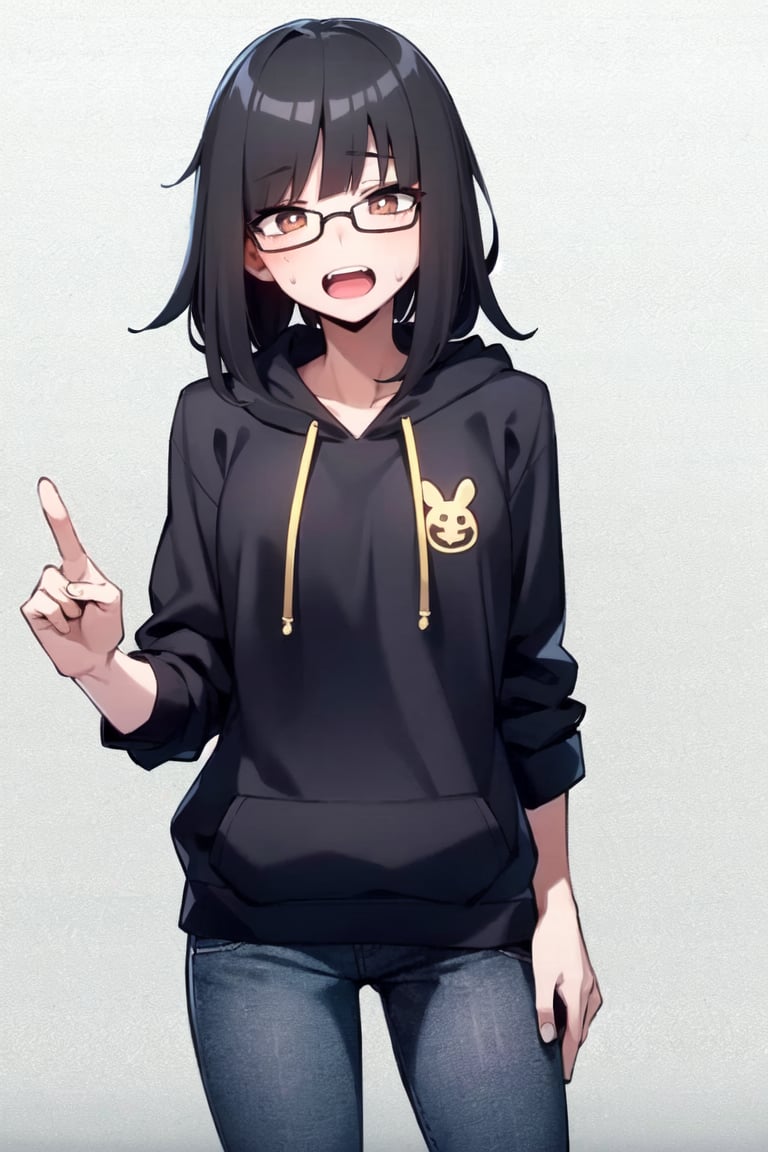 1girl, :), black medium long hair wiith bangs, glasses, 18years old, chubby, bags under eyes, black hair, blunt bangs,astonished face, open mouth amazed shocked, shocked, surprised, shock, surprising, clickbait, brown eyes, no background, hair over eyes, hair over shoulder,cooloversize hoodie ((snow rabbit illustration on hoodie)), medium hair, pointing to left, messy hair, cowboy shot, solo, casual pants, (beautiful:1.2), (attractive:1.2), (anime:1.2), (illustration:1.1), (illustration), vtuber style, 