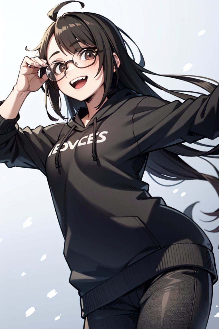 "1 girl, :D, challenging pose, black medium long hair with bangs, glasses, 18 years old, chubby, brown eyes, no background, wearing an oversized hoodie with a snow rabbit illustration, pajam pants, vtuber style, anime, illustration."