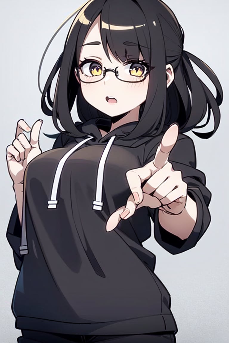 "1 girl, :O, black medium long hair with bangs, glasses, 18 years old, chubby, brown eyes, no background, wearing an oversized hoodie with a snow rabbit illustration. Medium hair, pointing to left, pajame pants, vtuber style, anime, illustration."