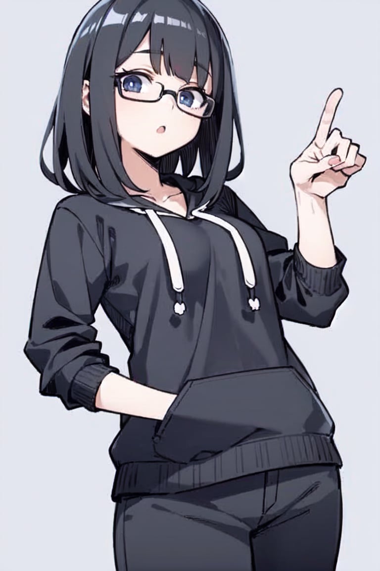 "1 girl, :O, black medium long hair with bangs, glasses, 18 years old, chubby, brown eyes, no background, wearing an oversized hoodie with a snow rabbit illustration. Medium hair, pointing to left, casual pants, vtuber style, anime, illustration."