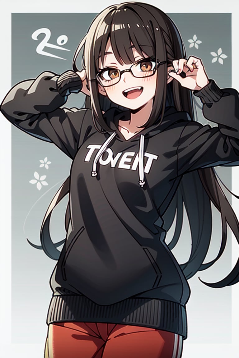 "1 girl, :D, challenging pose, black medium long hair with bangs, glasses, 18 years old, chubby, brown eyes, no background, wearing an oversized hoodie with a snow rabbit illustration, pajam pants, vtuber style, anime, illustration."