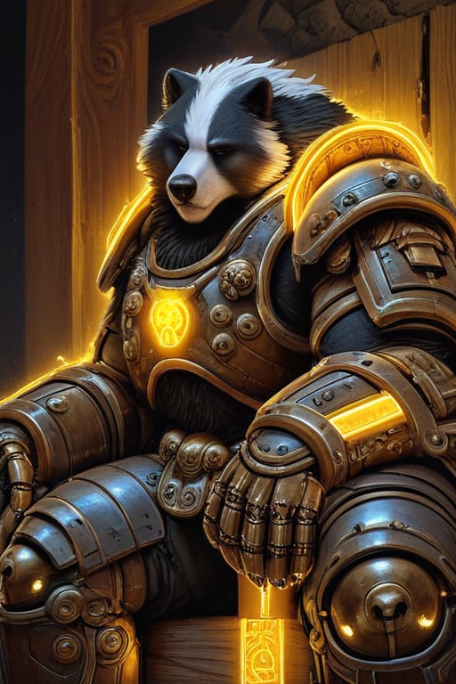 ((solo)), furry,bronze hair,animal ears,Furry Mix PDXL, furry male, badger, badger guy, metal fur, metallic fur, brass metal fur, made of titanium and steel, wearing thick armor, plate armor, stern but kind, glowing, nordic runes, glowing runes, orange glow strips, dull orange glow, runes on armor, sitting on a wooden seat in the middle of a gigantic, ancient tree, carved walls