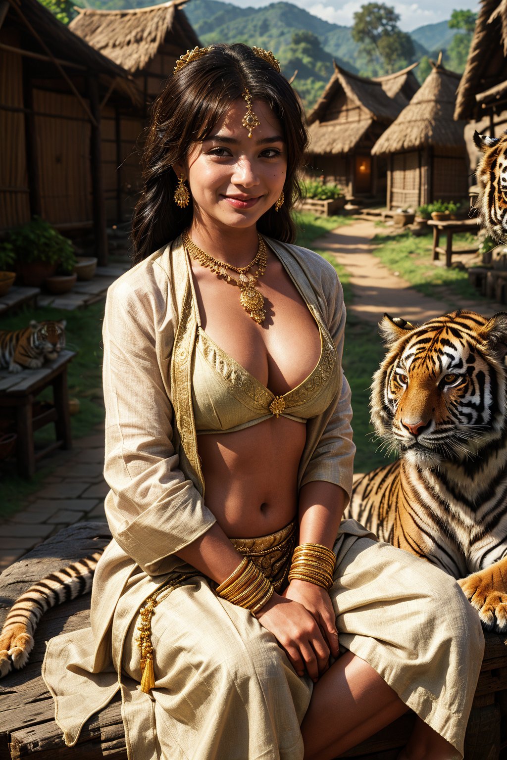 a beautiful traditional 36 aged Central Asian 1girl, wearing traditional robe and shirt, sitting, clothed, ((round face)), brown skin, silver jewelry, gold bangle, headdress, perky breasts, smile, happy, winking, with village in background, tigers lying nearby