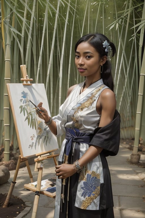 closeup,Korea_samme,AIDA_LoRA_EmSam,a young Black Ebony woman, (a beautiful African lady:1.2), ((very black skin)), ((very dark skin)), saffron colored summer dress, open fuwawa_abyssgard green kimono worn around shoulders, white bracelet, striking features, high nose bridge, doe eyes, sharp jawline, plump lips, hourglass figure, hairband, stands relaxed, soft smile, ((arms spread)), ((holding a short bamboo paintbrush)), standing straight ahead,art easel beside her with white paper,Chinese garden in background,bamboo,pond,koi fish,Masterpiece,photorealistic