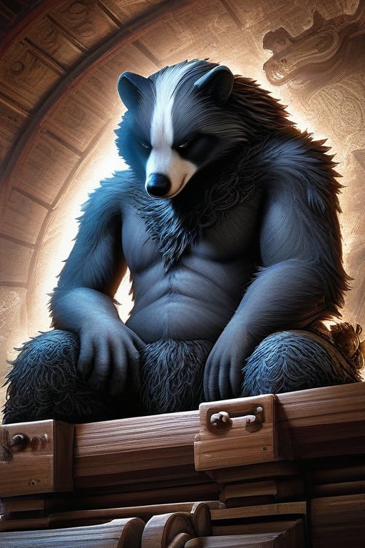 ((solo)), furry,bronze hair,animal ears,Furry Mix PDXL, furry male, badger, badger guy, made of titanium and steel, thick armor, stern but kind, glowing, sitting on a wooden seat in the middle of a gigantic, ancient tree, carved walls