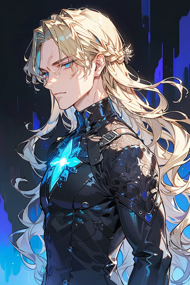 //quality masterpiece, best quality, masterpiece, best quality, ultra-detailed, 8K, High detailed, masterpiece, best quality, aethetic,agent, manhwa art style //male, young man, beautiful eyes, detailed eyes, blue eyes, iris, symmetrical eyes sexy face, detailed body, blonde hair, long hair, straight hair, smug, shining eyes, sharp eyes, long bands, beautiful face, beautiful eyes with eyes line, muscular body, // white body, male,holographic detailed clothes, lace, lace clothes, aesthetic color, standing, black suit, agent suit, blue light,glows, upper body, from the side, looking at the viewer, art background, jelly artstyle, Sci-fi world, futuristic concept art, gorgeous midjourney art design character sheet, sexy vibe, long body, muscular body, handsome face, beautiful color, macho