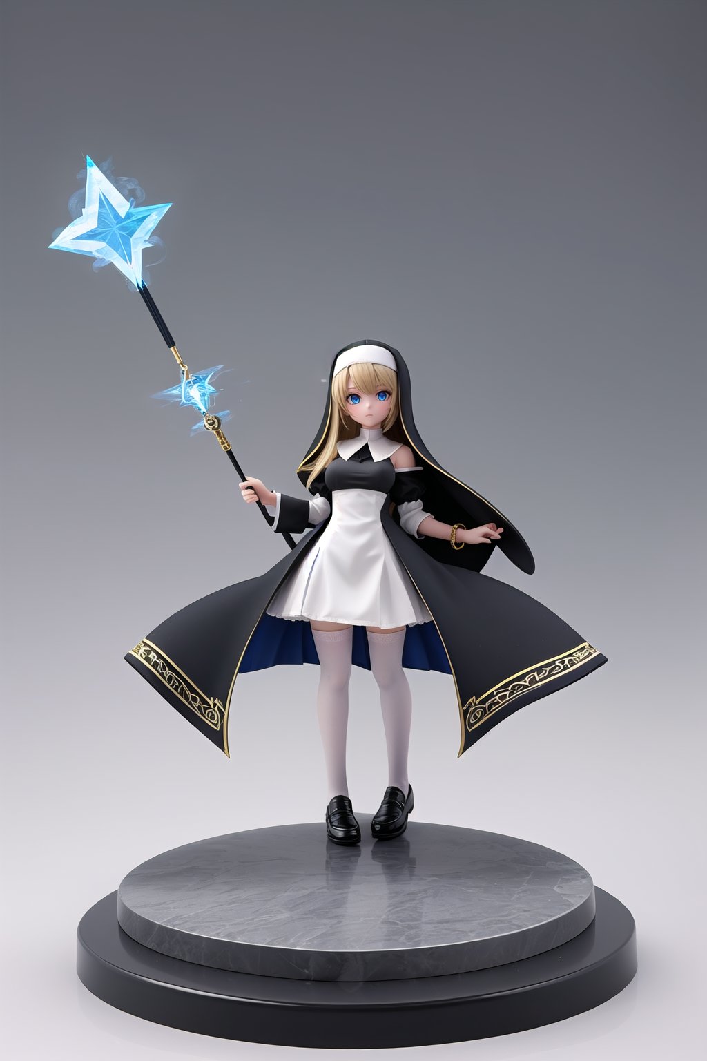 1girl, solo, long hair, front, looking at viewer, bangs, blue eyes, blonde hair, thighhighs, dress, no sleeves, bare shoulders, jewelry, closed mouth, standing, full body, shoes, grey background, cape, black footwear, white dress, bracelet, white thighhighs, gradient, gradient background, left hand holding magic wand, loafers, nun, habit, black cape, 3d_model,3d_render, 3dmodel, HD