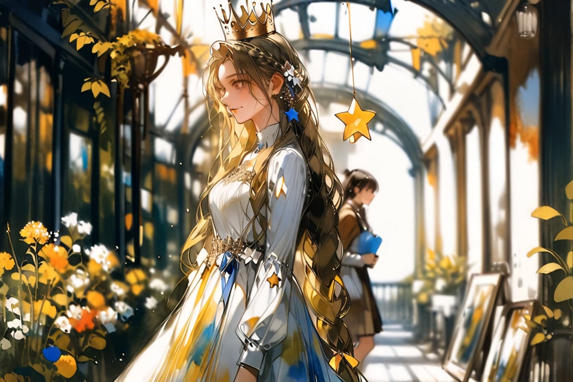 (by ningenmame:1.1), (by ciloranko:1.2),(by sho_(sho_lwlw):1.2)contemporary anime illustration,flower, dress, blonde_hair, long_hair, white_dress, crown, 2girls, star_(symbol), long_sleeves, profile, ribbon, walking, signature, traditional_media, plant, braid,fantasy,pop culture references,Masterpiece, good quality,very aesthetic, absurdres, ultra-detailed,watercolor \(medium\),niji5