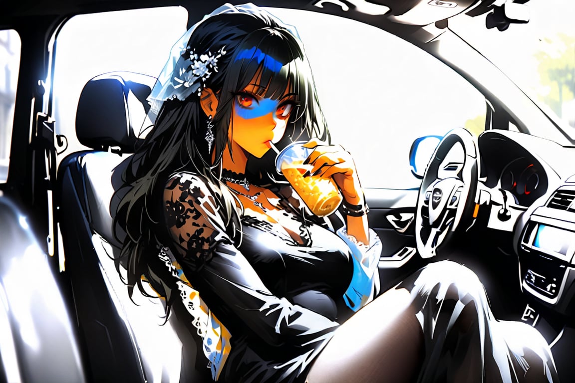 by Posuka Demizu,1girl, black_hair, solo, veil, long_hair, drinking, ground_vehicle, red_eyes, holding, motor_vehicle, food, sitting, dress, see-through, car_interior, bag, bangs, car, long_sleeves, black_dress,Masterpiece, good quality,very aesthetic, absurdres, ultra-detailed,niji5,more detail XL