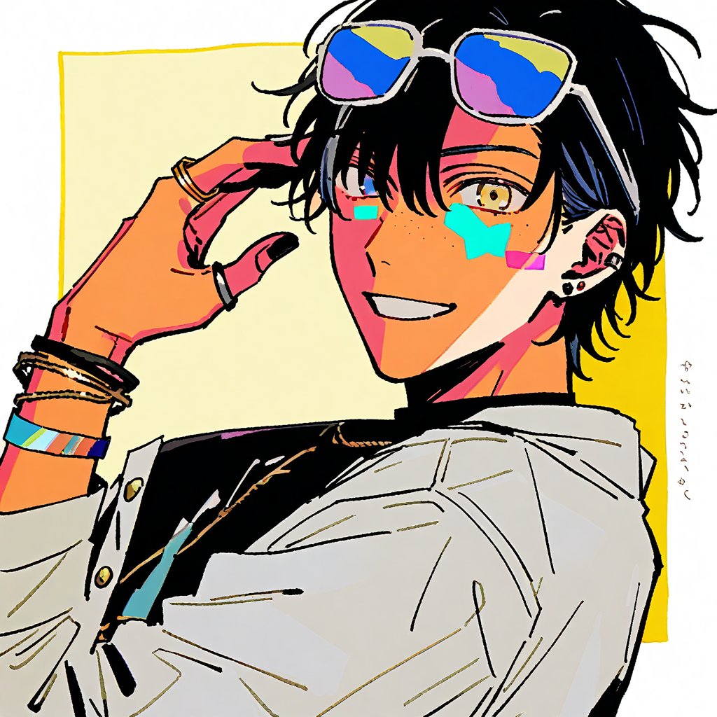 (by sakanomachico:1.3),(by aogisa:1.2),(by honlo:1.1), by sofra,newest,late,1boy, male_focus, solo, sunglasses, multicolored_hair, jewelry, yellow_background, yellow_eyes, ring, smile, looking_at_viewer, eyewear_on_head, heterochromia, black_hair, jacket, earrings, upper_body, blue_hair, black_shirt, bracelet, shirt, freckles, black_nails, white_jacket, short_hair, simple_background, ear_piercing, two-tone_hair,(Masterpiece, best quality :1.4),very aesthetic, absurdres, ultra-detailed