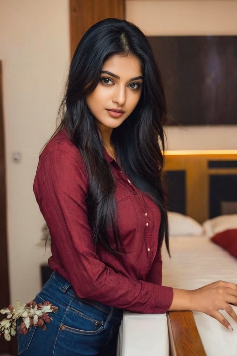 lovely cute young attractive indian girl, brown eyes, gorgeous actress, 23 years old, cute, an Instagram model, long black_hair, colorful hair, winter , Indian, wearing red shirt  and pant ,  mobile selfie , setting on room



