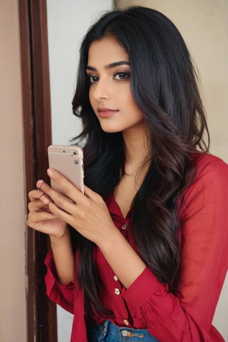 lovely cute young attractive indian girl, brown eyes, gorgeous actress, 23 years old, cute, an Instagram model, long black_hair, colorful hair, winter , Indian, wearing red shirt  and pant ,  mobile selfie , setting on room



