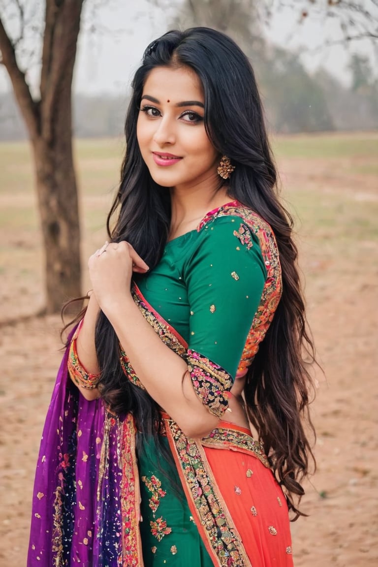 lovely cute young attractive teenage girl, 25 years old, cute, an Instagram model, long black_hair, colorful hair, winter, dacing, wear salwar kameez