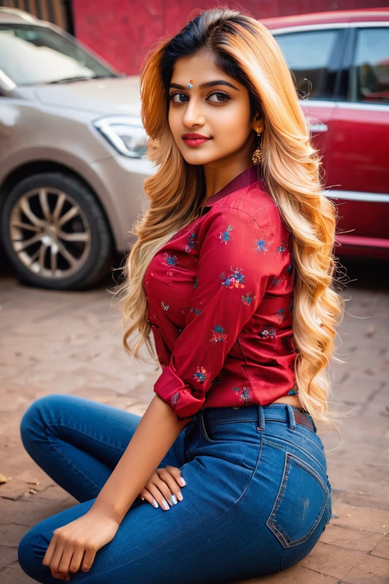 lovely cute young attractive indian girl, brown eyes, gorgeous actress, 23 years old, cute, an Instagram model, long blonde_hair, colorful hair, winter , Indian, wearing red ti shirt and jeans and 
Seating car 