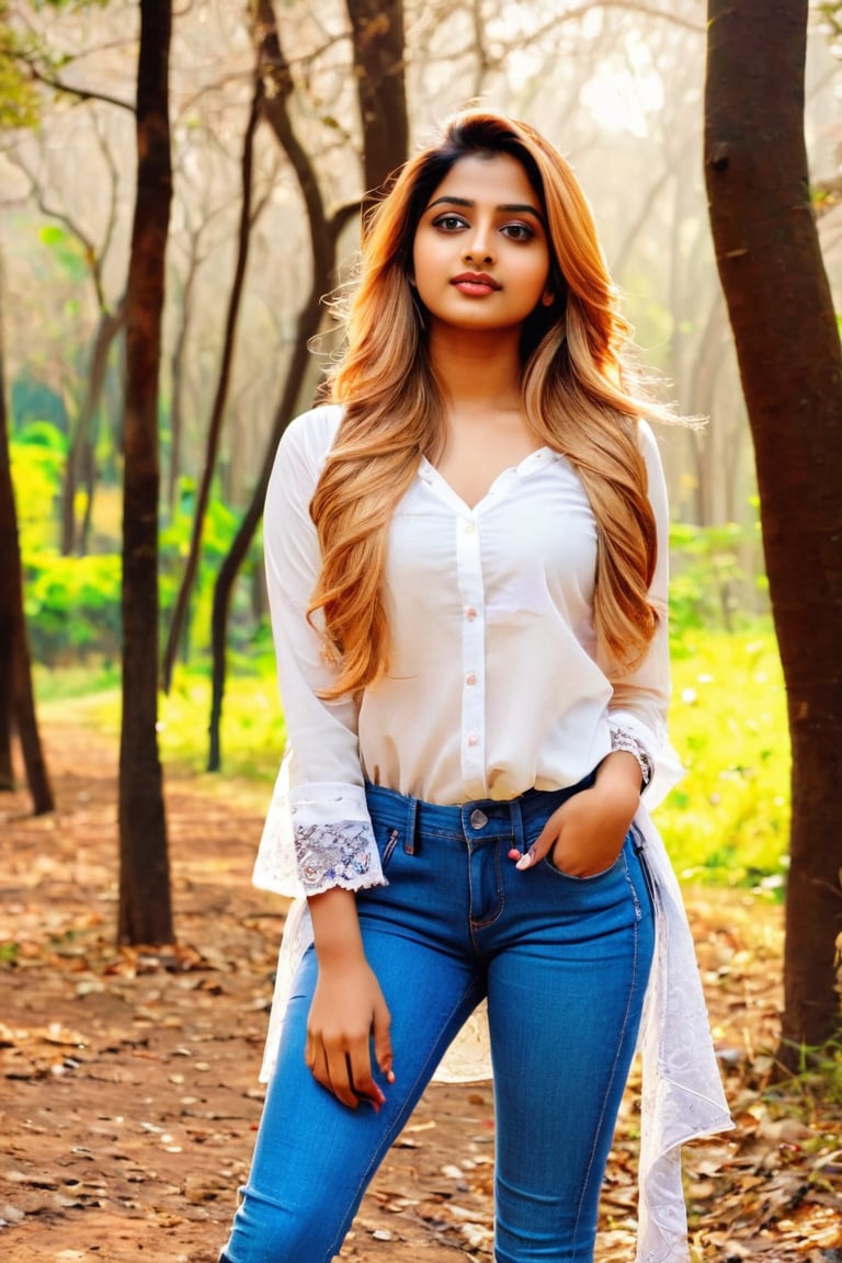 lovely cute young attractive indian girl, brown eyes, gorgeous actress, 23 years old, cute, an Instagram model, long blonde_hair, colorful hair, winter , Indian, wearing wite ti shirt and jeans and 
dupatta forest 