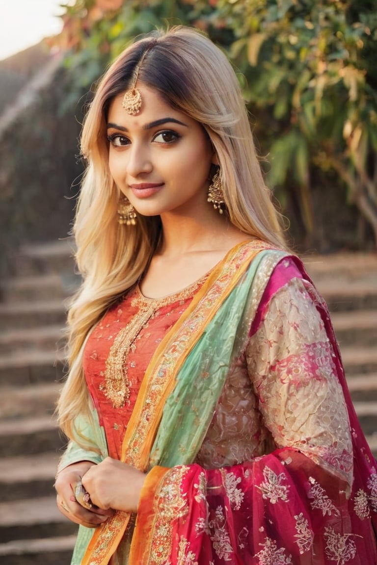 lovely cute young attractive indian girl, brown eyes, gorgeous actress, 23 years old, cute, an Instagram model, long blonde_hair, colorful hair, winter , Indian, wearing salwar-kameez and dupatta