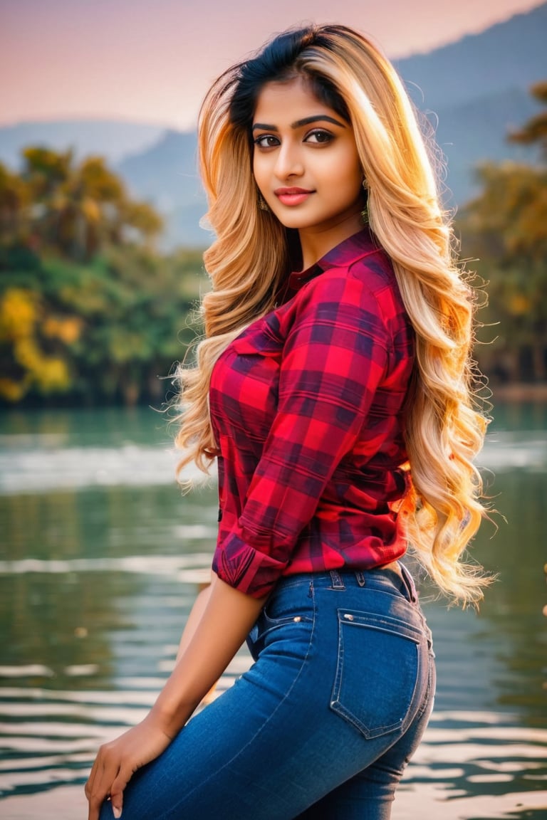 lovely cute young attractive indian girl, brown eyes, gorgeous actress, 23 years old, cute, an Instagram model, long blonde_hair, colorful hair, winter , Indian, wearing red ti shirt and jeans and 
swimming