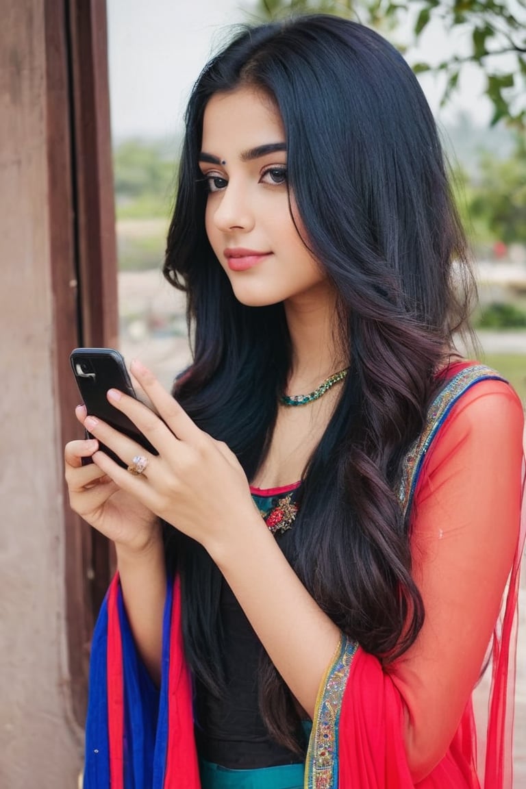 Lovely cute young attractive teenage girl, city girl, 18 years old, cute, an Instagram model, long black_hair, colorful hair one side, clear face,  red salwar and blue kamizz, mobile selfie, 