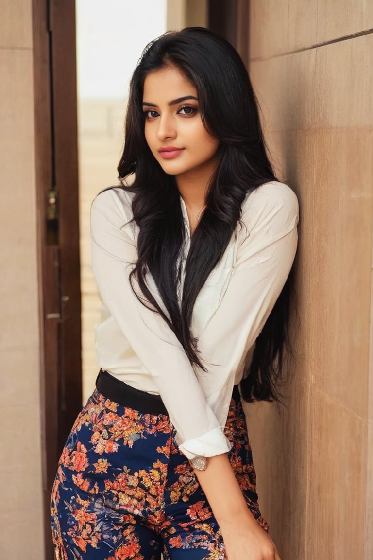 lovely cute young attractive indian girl, brown eyes, gorgeous actress, 23 years old, cute, an Instagram model, long black_hair, colorful hair, winter , Indian, wearing white shirt  and pant ,  mobile selfie , setting on hotels 



