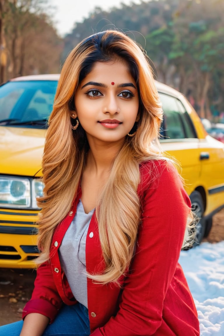 lovely cute young attractive indian girl, brown eyes, gorgeous actress, 23 years old, cute, an Instagram model, long blonde_hair, colorful hair, winter , Indian, wearing red ti shirt and jeans and 
Seating car 