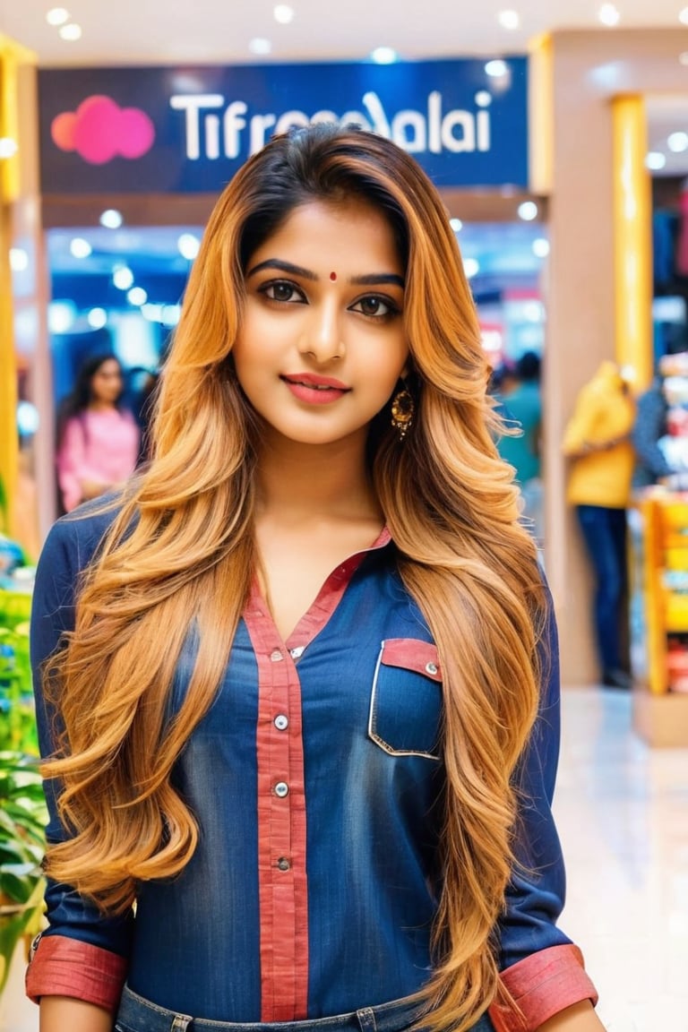 lovely cute young attractive indian girl, brown eyes, gorgeous actress, 23 years old, cute, an Instagram model, long blonde_hair, colorful hair, winter , Indian, wearing blue ti shirt and jeans and 
dupatta shopping mall 