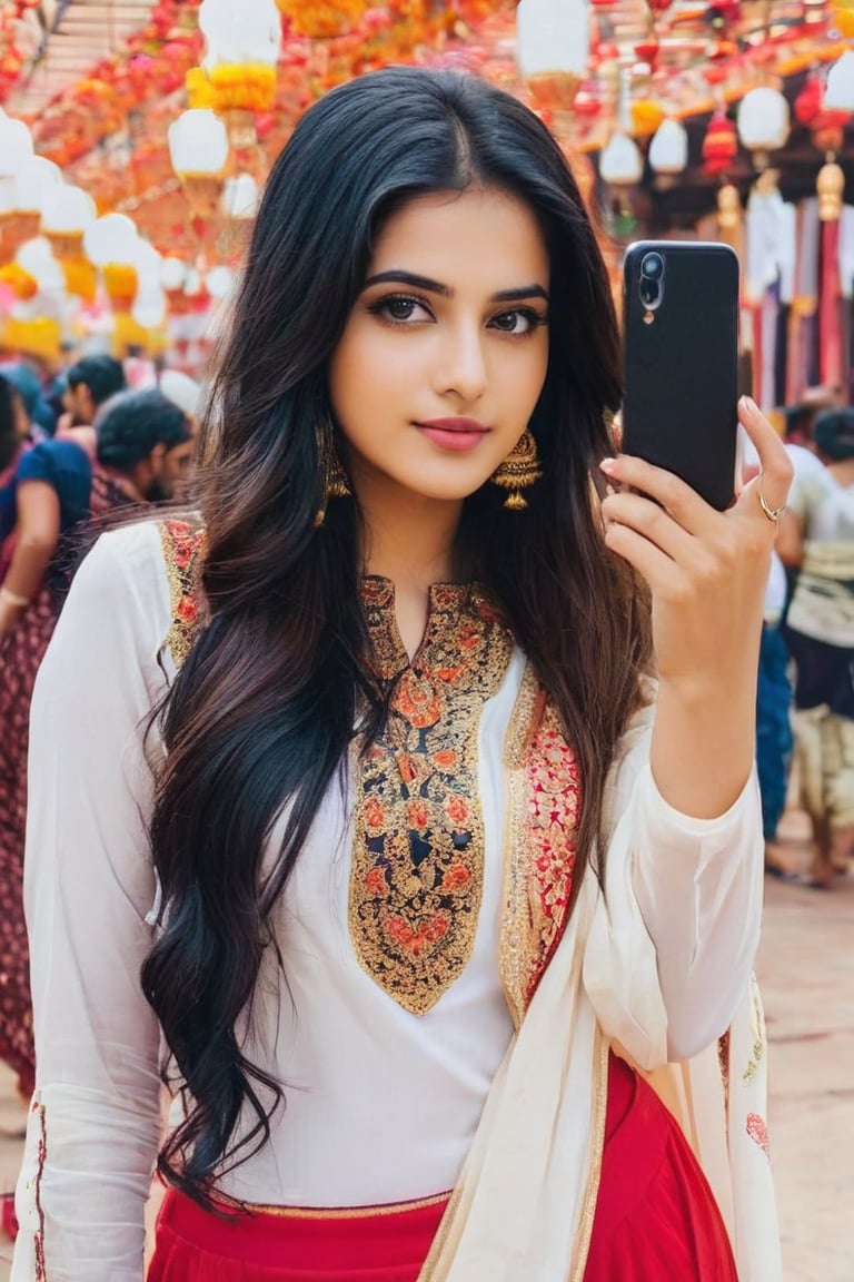 Lovely cute young attractive teenage girl, city girl, 18 years old, cute, an Instagram model, long black_hair, colorful hair one side, clear face,  red salwar and White kamizz, mobile selfie, 