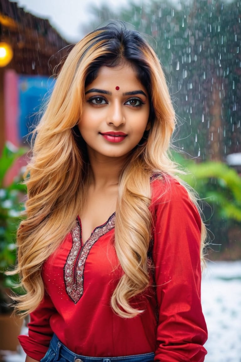 lovely cute young attractive indian girl, brown eyes, gorgeous actress, 23 years old, cute, an Instagram model, long blonde_hair, colorful hair, winter , Indian, wearing red ti shirt and jeans and 
Raining 