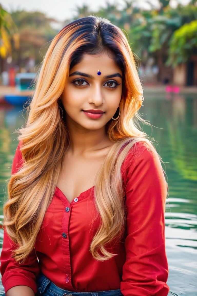 lovely cute young attractive indian girl, brown eyes, gorgeous actress, 23 years old, cute, an Instagram model, long blonde_hair, colorful hair, winter , Indian, wearing red ti shirt and jeans and 
swimming