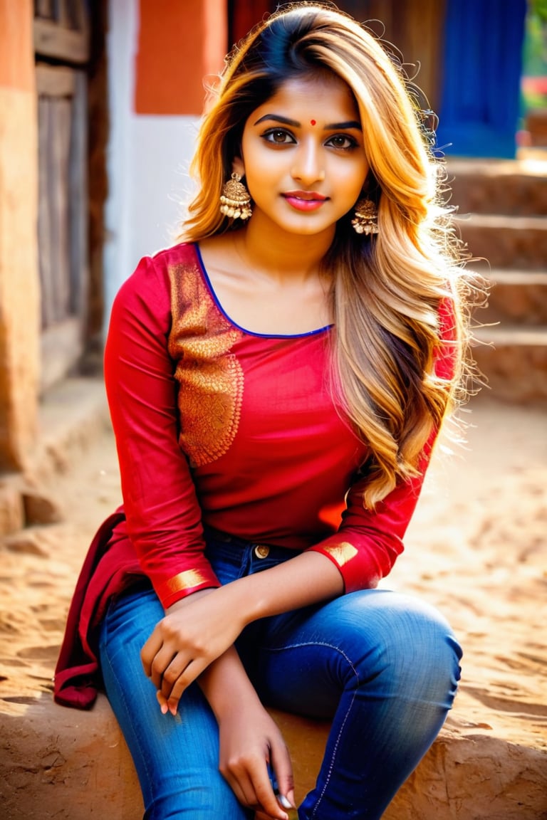 lovely cute young attractive indian village girl, brown eyes, gorgeous actress, 23 years old, cute, an Instagram model, long blonde_hair, colorful hair, winter , Indian, wearing red ti shirt and jeans and 
Seating village 