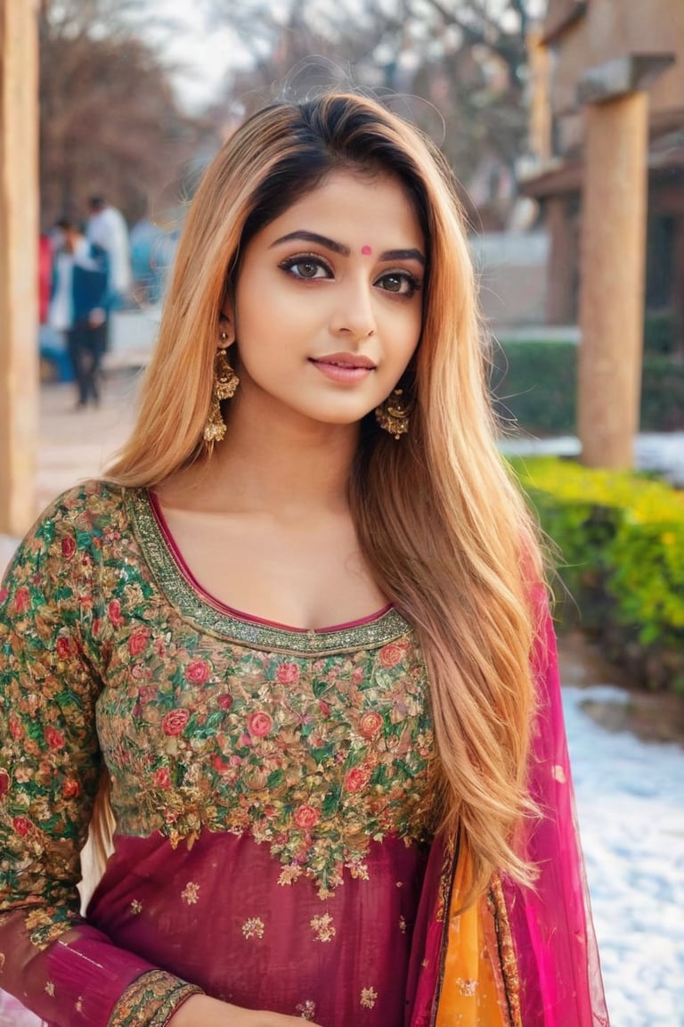 lovely cute young attractive indian girl, brown eyes, gorgeous actress, 23 years old, cute, an Instagram model, long blonde_hair, colorful hair, winter , Indian, wearing salwar-kameez and dupatta