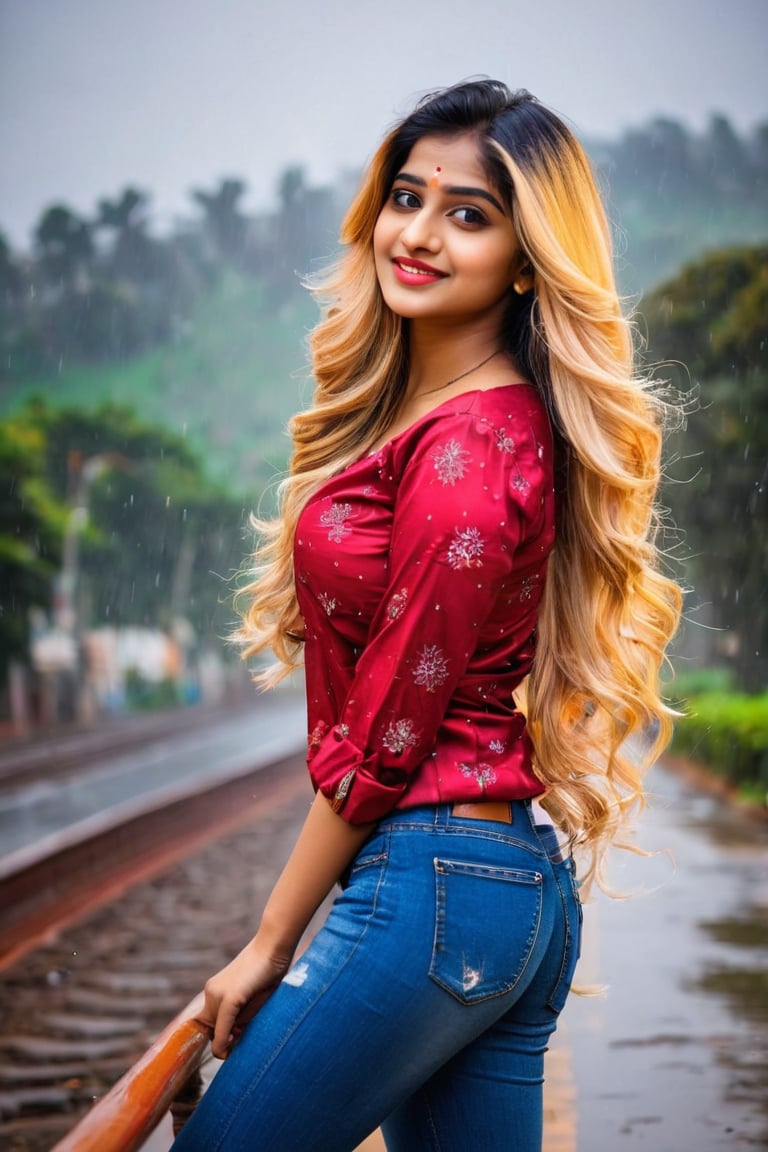 lovely cute young attractive indian girl, brown eyes, gorgeous actress, 23 years old, cute, an Instagram model, long blonde_hair, colorful hair, winter , Indian, wearing red ti shirt and jeans and 
Raining 