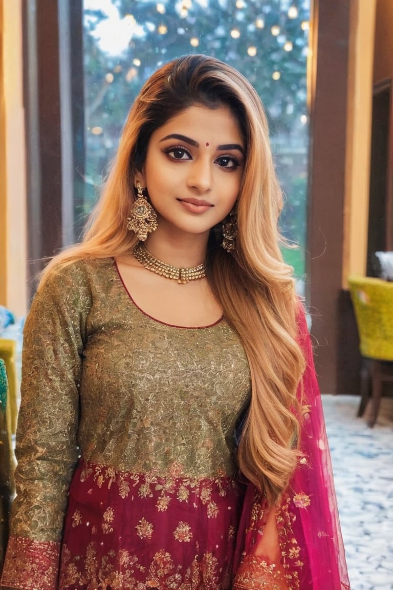 lovely cute young attractive indian girl, brown eyes, gorgeous actress, 23 years old, cute, an Instagram model, long blonde_hair, colorful hair, winter , Indian, wearing salwar-kameez and 
dupatta setting 3star hotel 