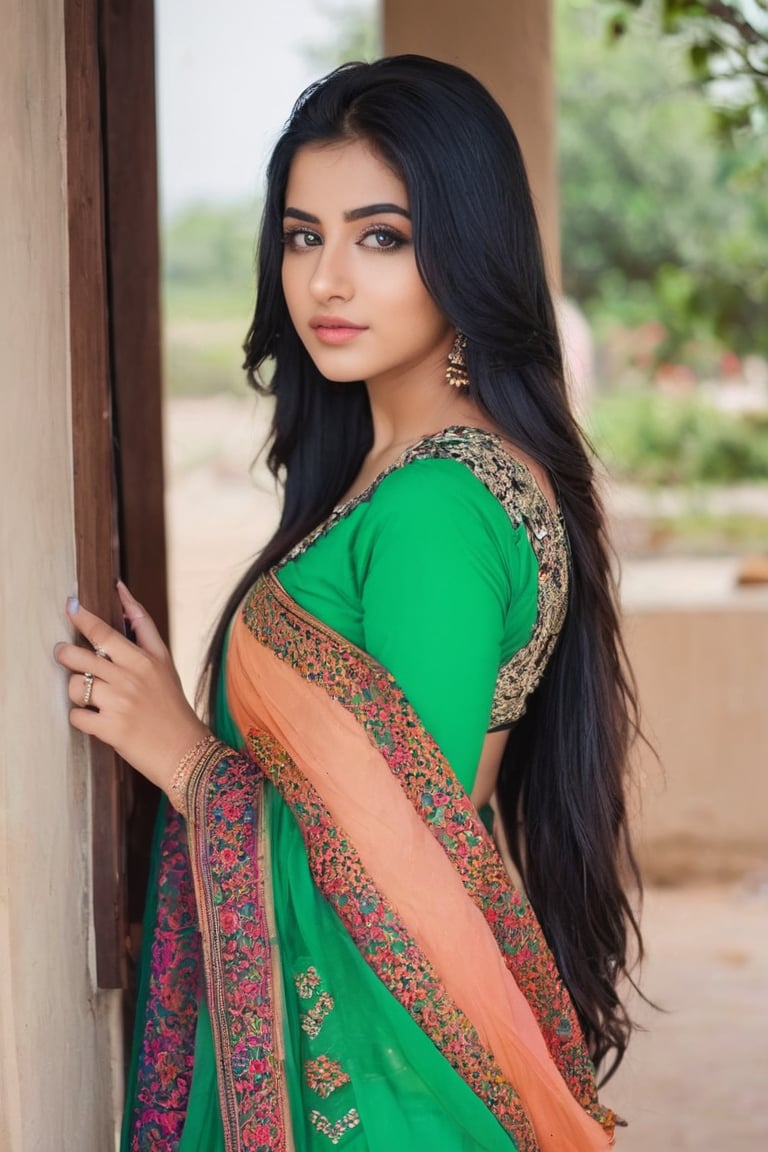 Lovely cute young attractive teenage girl, city girl, 18 years old, cute, an Instagram model, long black_hair, colorful hair one side, clear face,  green salwar and White kamizz, 