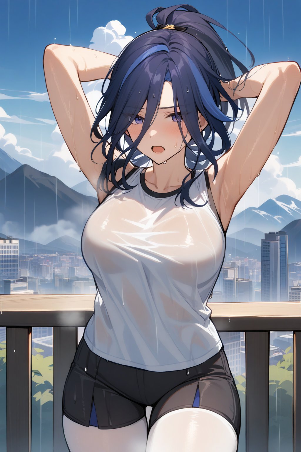 1 girl, solo, mature_woman, clorinde (Genshin impact), alternate costume, dark blue hair, open mouth, close up, facing viewer, high ponytail, arms up, steaming body, (rain), white shirt, cool shirt, sleeveless, white pantyhose, pantyhose under shorts, cool shorts, black shorts, wet, wet hair, wet pantyhose, balcony, skyscraper, mountain, city, sky, cloud, fog