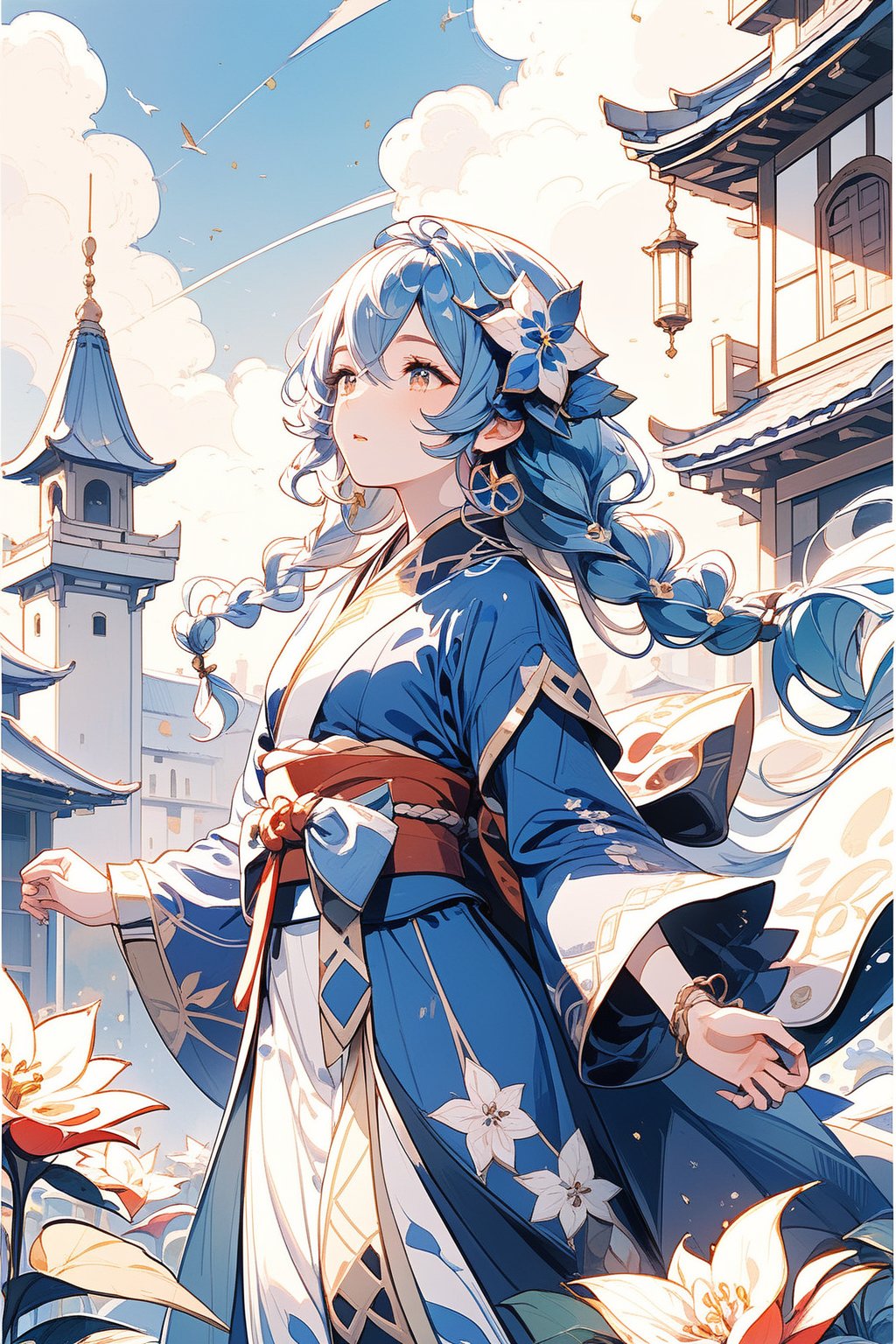 1girl, solo,Layla , Genshin Impact, long hair, bangs, blue hair, hair ornament, long sleeves, standing, closed mouth, open eyes, braids, flower, outdoors, original clothes, open hands, wide sleeves, blunt bangs, sash, makeup, leaf, obi, floral print, lipstick, blue flower, hair original, hands on the hips, architecture, medieval architecture, Sky blue, Layla