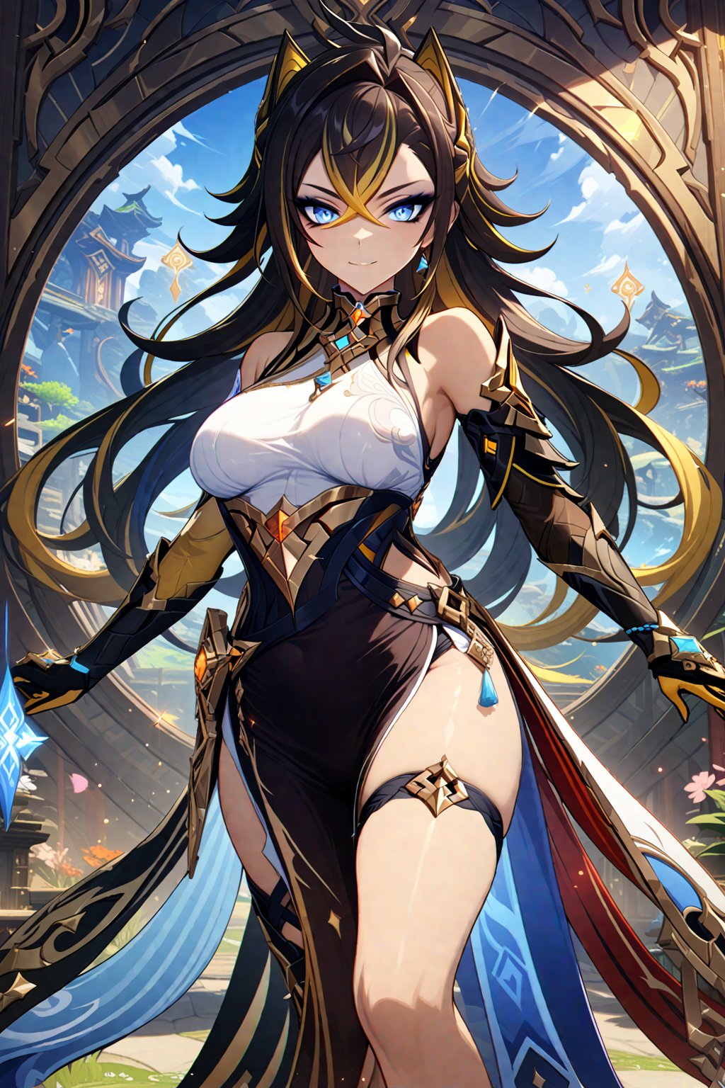 master piece, best quality, highly detailed, ultra detailed, extremely CG unity 8k wallpaper, Genshin impact , (((Genshin impact ))), (((dehya))), single side bun, blue eyes, brown long hair, 
(white Chinese dresses:1.2), (side slit dress:1.2),dress is crotch lengh,too short dress, looking at viewer,smile, glitter, shimmer, magical note, Big breast,dehya-dh