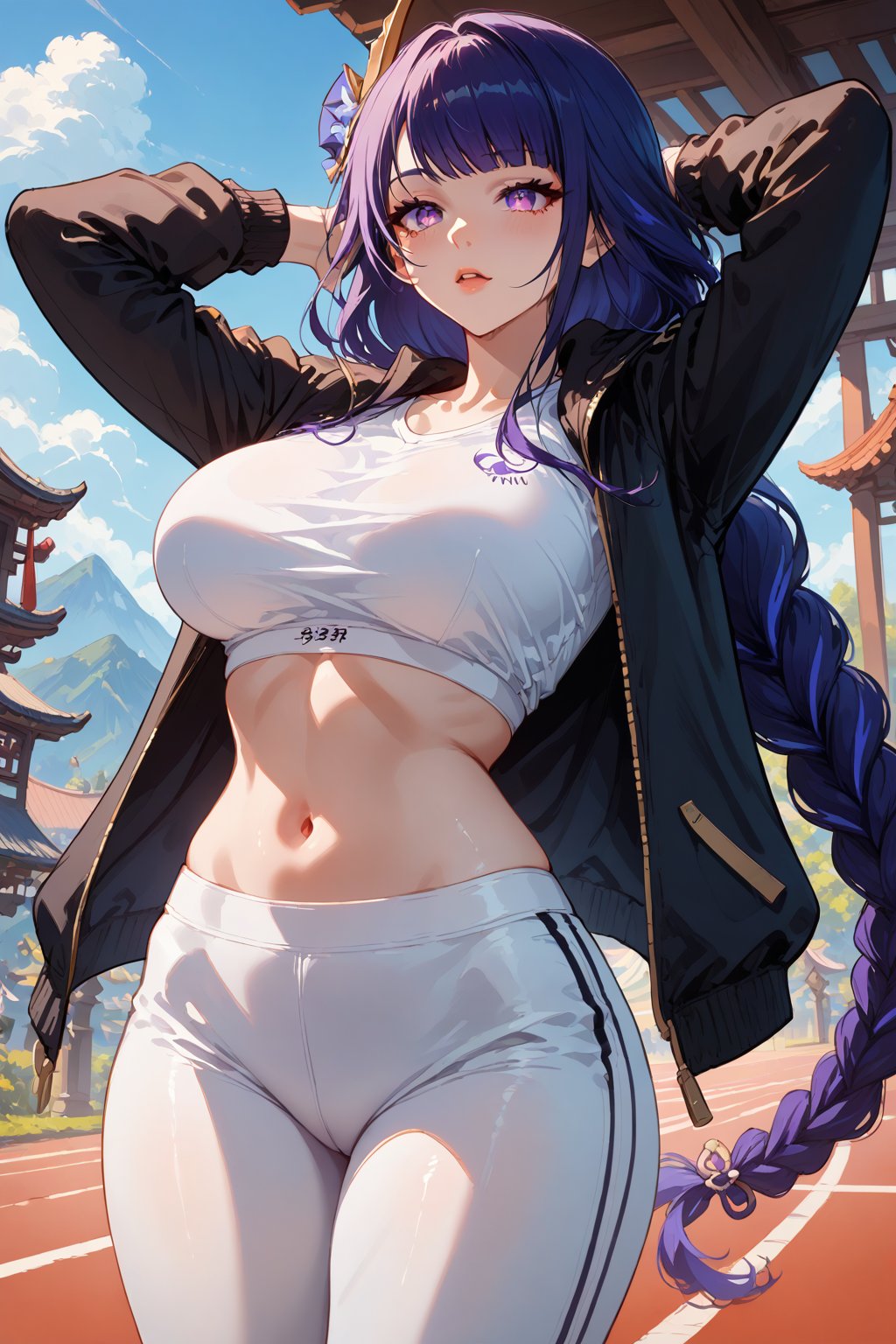 score_9, score_8_up, score_7_up, Score_Anime, NSFW, expressive eyes, perfect face, solo girl, Raiden Shogun\(Genshin impact\), large breasts, sports jacket, tight clothes, white pants, navel, sneakers, midriff,