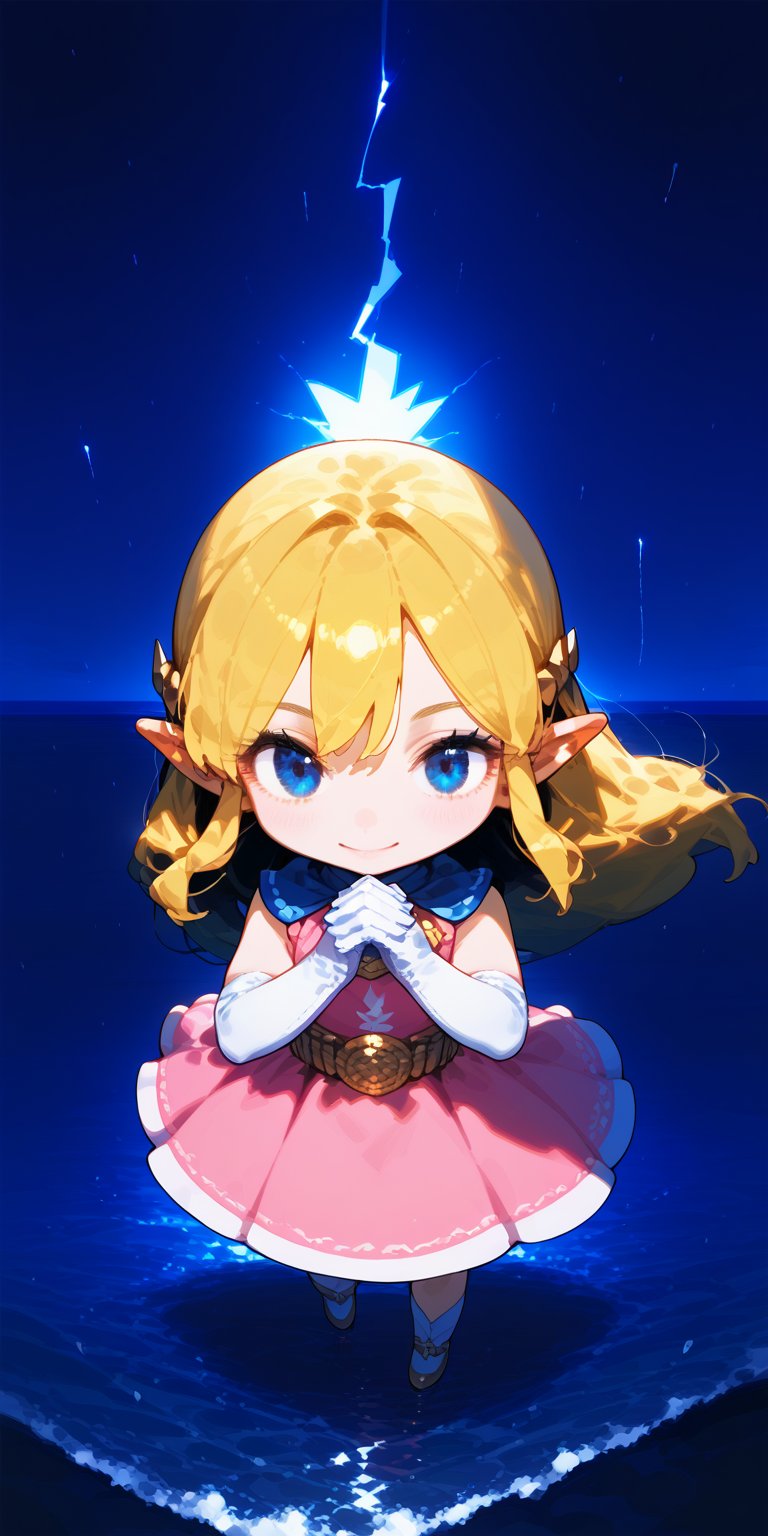 score_9, score_8_up, score_7_up, score_6_up, perfect_hands, source_anime, 1 girl, solo, toon zelda, long hair, blonde hair, pointy ears, makeup, elbow gloves, dress, pink dress, white gloves, jewelry,chibi, blue eyes, black eyes, hands together, prayer pose, inside a magic diamond, in the middle of the sea, above the sea, strong storm, strong wind, turbulent sea, lightning, rain, dark theme, more detail XL, score_9_up,