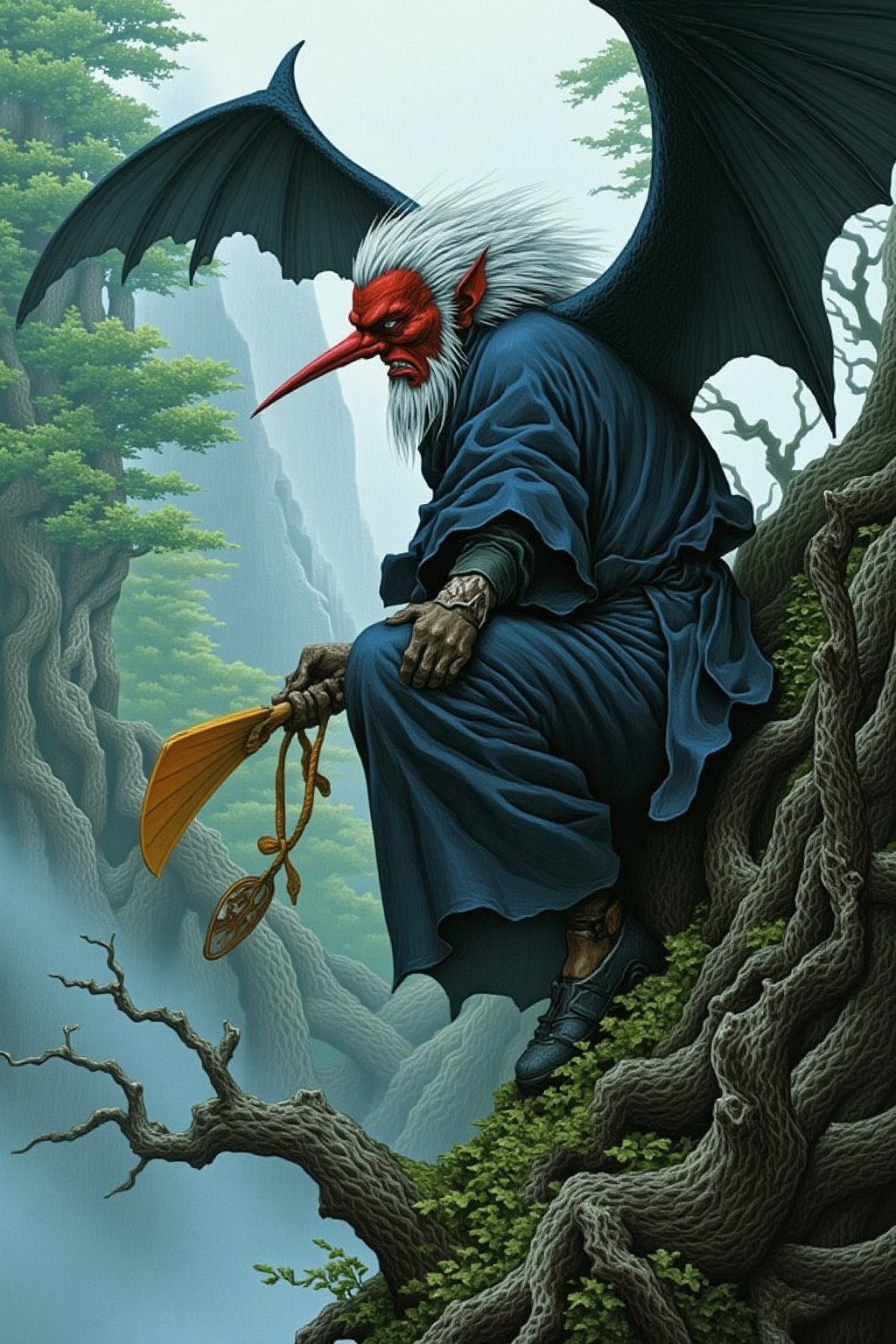 Tengu,traditional japanese yokai
,yokai in misty mountain forest, long-nosed mask, fierce red face,stick like long nose, white hair and beard, wearing traditional yamabushi attire, large black wings, holding big fan, perched on ancient gnarled tree, surrounded by towering cedar trees,