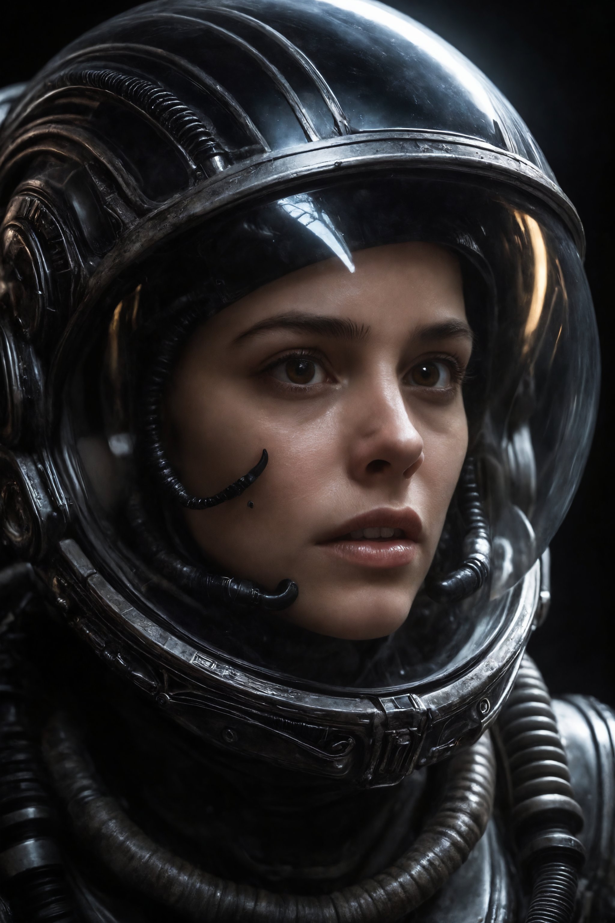 In a masterclass blend of dark fantasy, the image is a close up of a terrified female astronaut wearing a helmet and clear visor which is pulled down. Her face has a terrified expression, and her detailed amber eyes are rivited on the appraoch of an Alien Xenomorph, visible only to the viewer as a reflection in her visor. The Alien Xenomorph is reflected in her visor as it approaches. The moody, H.R. Giger-inspired atmosphere is heightened by the dark claustrophobic confines of her spacecraft, with dynamic lighting casting deep shadows that seem to writhe like living tendrils. 