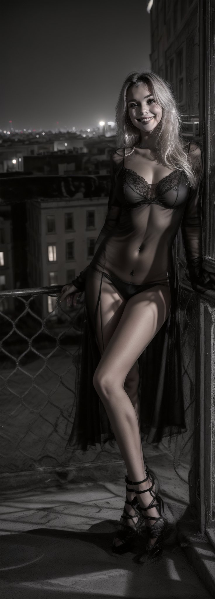 score_9,score_8_up,Young girl , voluptuous body, blonde lond hair, tall, posing looking at the camera, perverse smile, transparent night gown semi open, on a balcony overlooking the city, black and white photo, volumetric lights, masterpiece, background is blurry nighttime cityscape